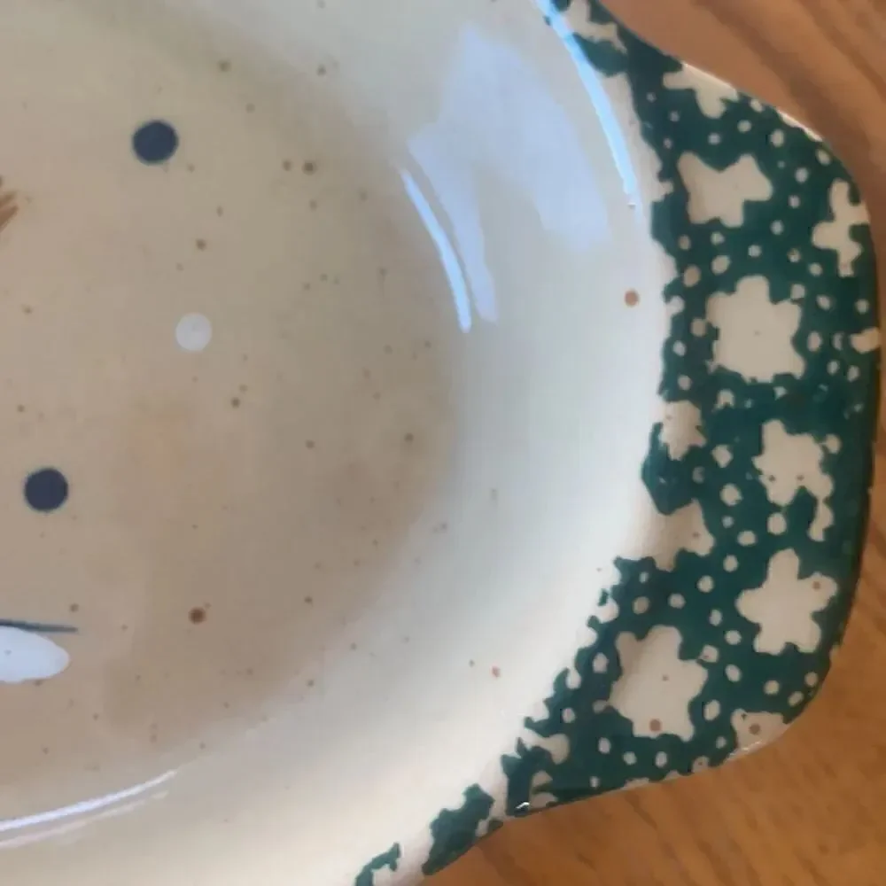Stoneware Casserole Dish Green Spongeware Snowman